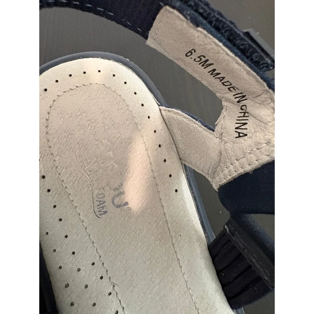 Jambu Women Wedge Sandals Size 6.5 Navy Blue Comfort Hook Loop Strap Memory Foam